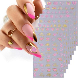 Valentine's Day Heart Nail Art Stickers Decals, 3D Self-Adhesive Laser Gold Flowers Love Heart Nail Design Stickers Heart Nail Decals for Women Girls Nail Art Decoration Supplies Accessories 8 Sheets