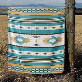 Aztec Patterned Throw Blanket with Soft Sherpa Lining 104”x90”, Traditional Southwestern Navajo Tribal Style Warm Throw for Home Decor, Light Weight Cozy Boho Blanket for Bed, Couch, Sofa, Teal