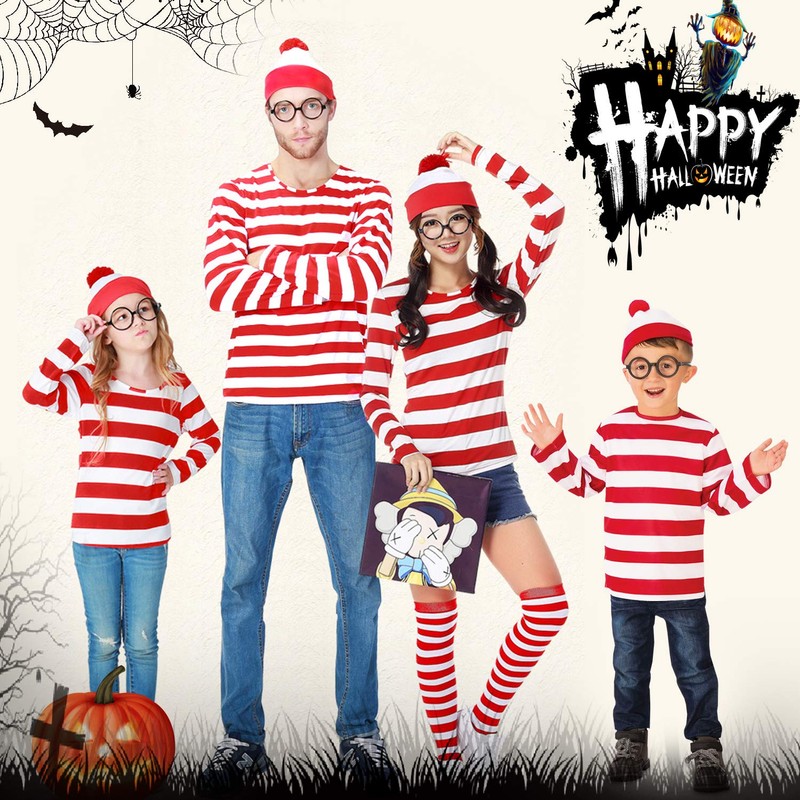 Waldo Cosplay Costume, Where’s Waldo, Halloween Costume, Waldo Style (M,