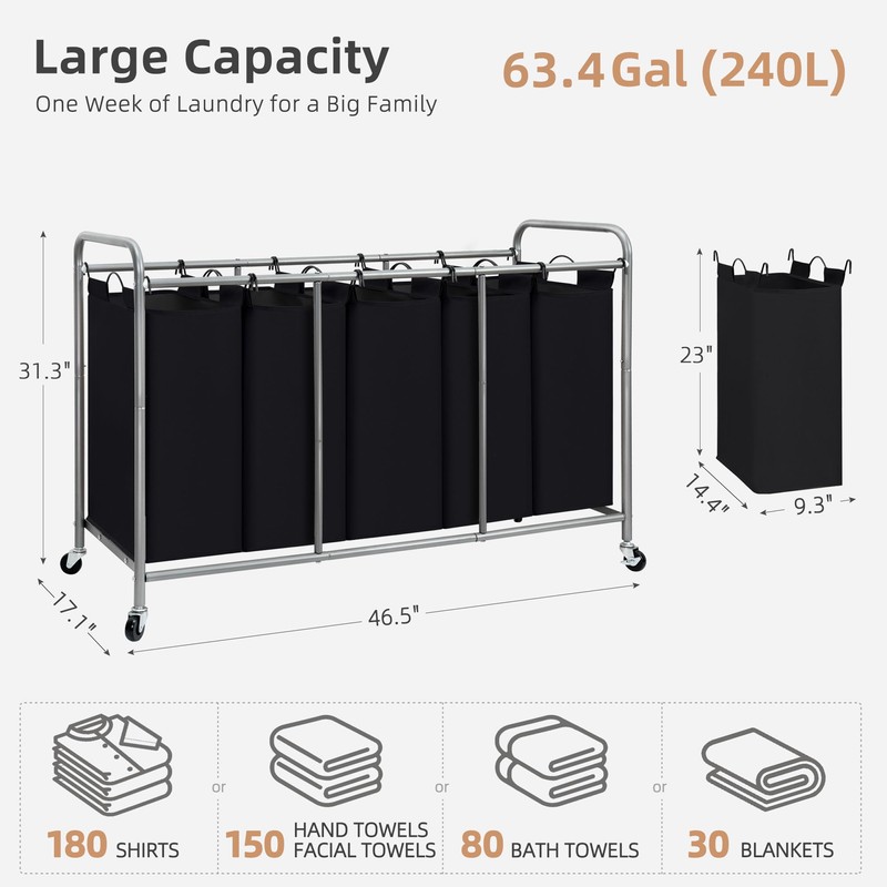 STORAGE MANIAC 5 Section Laundry Sorter, 5 Bins Rolling Separator
