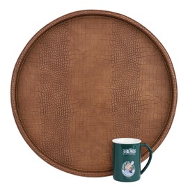 HofferRuffer Extra Large Round Serving Tray 20'', Elegant Oversized Faux Leather Circle Ottoman Table Tray, Serve Tea Coffee Breakfast in Bedroom Living Room Kitchen (Brown)