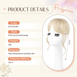 Flufymooz Clip in Bangs,12 Inch French Bang Fringe with Temples Hairpieces for Women Daily Wear-Cool Blonde