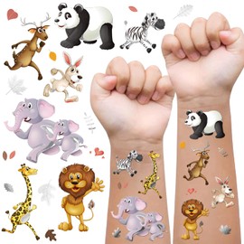 Glitter Tattoos for Kids, Jungle Animal Birthday Party Supplies, Silver Styles, Giraffe Panda Lion Zebra Elephant Safari Baby Shower