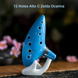 12 Holes Alto C Ocarina Ceramic Vessel Flute Wind Musical Instrument with Musicbook Lanyard Display Stand Musical Gift for Beginners