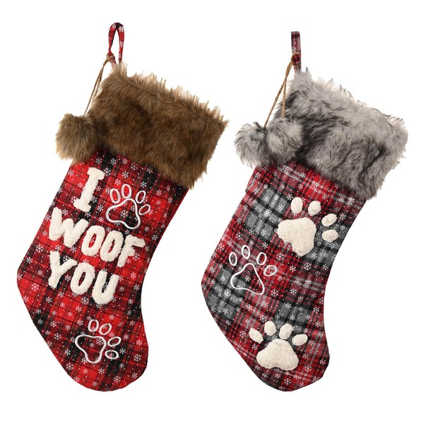 Jairs Festive Christmas Stockings with Dog Paw Prints - 'I Woof You' Holiday Decor for Pet Lovers, Set of 2