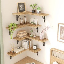 Fixwal Corner Floating Shelves, Wall Mounted Corner Shelf Set of 5, Rustic Wood Wall Shelves for Bathroom, Kitchen, Bedroom or Living Room (Carbonized Black)