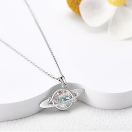 AXOMY Saturn Necklace 925 Sterling Silver Planet Opal Pendant Necklace Moon Star Saturn Necklaces for Women Anniversary Jewelry Gift