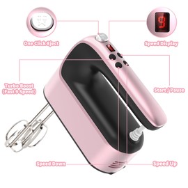 Yomelo 9-Speed Digital Hand Mixer Electric, 400W Powerful DC Motor, Hand Mixer Electric Handheld with Snap-On Storage Case, 5 Stainless Steel Accessories, Beaters, Dough Hooks, Whisk(Rose Gold)