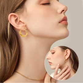 Modern Chunky Hoop Earrings, 14K Gold Plated, Geometric Design, Fashion Statement Jewelry (gold)