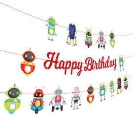 Robot Party Banners 3Pcs Happy Birthday Banners Cutout Garland Banners for Boy Girls Theme Baby Shower Birthday Party Supplies