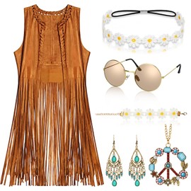 Alintor Women's Hippie Costume, Fancy Dress Costumes with Hippie Accessories, Women's Carnival Costume, 70s Clothing, Women's Carnival Costume with Hippie Glasses, Hippie Vest Flower Power