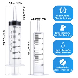 ZWQLZG 60ml Plastic Syringe Colostrum Syringes, 5 Pack Individually Sterile Sealed Lab Syringes with Measurement for Measuring Liquids, Scientific Labs Experiment, Feeding Pets (5x60ml)