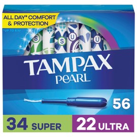 Tampax Pearl Tampons Multipack, with LeakGuard Braid, Super/Ultra Absorbency, Unscented, 56 Count