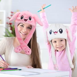 2 Pieces Moving Rabbit Hat, Rabbit Hat, Hat with Movable Ears, Rabbit Ears Hat, Plush Animal Ear Hat, Cute Funny Plush Hat for Make Up Party, Christmas Party, Carnival, Carnival (White, Pink)
