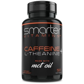 SmarterVitamins 200mg Caffeine Pills - MCT Oil from 100% Coconuts + 100mg L-Theanine, Energy and Focus, Extended Release Capsule, 50 Liquid Softgels
