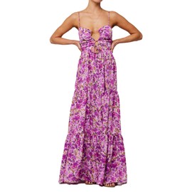 ABYOVRT Women Floral Maxi Dress Tie Front Cut Out Backless Boho Spaghetti Strap Summer Beach Sundress (Purple,S)