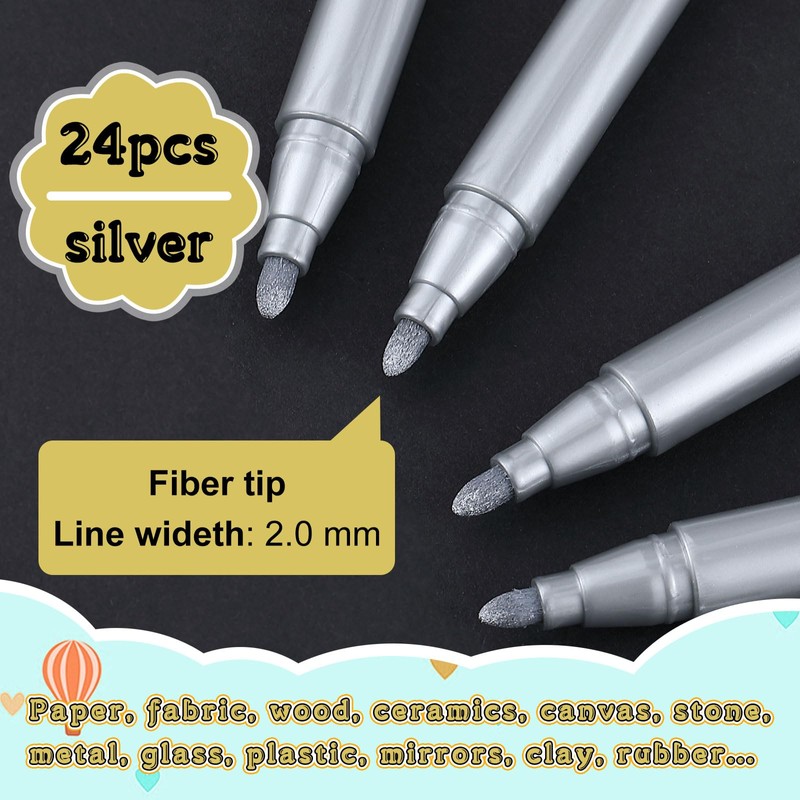 Watersay 24 Pcs Silver Metallic Permanent Markers Bulk Paint Pens