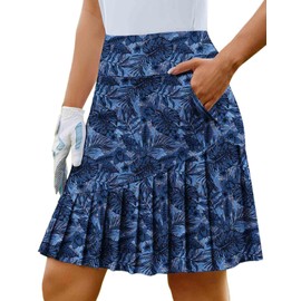 PINSPARK Tennis Skirts Womens Skorts with Pockets High Waisted Long Skorts Rip Skirt Hawaii, Navy Leaf XL