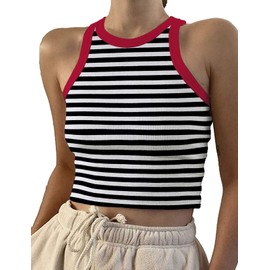 Womens 2024 Summer Ribbed Tank Tops High Neck Sleeveless Crop Top Color Block Casual Cropped Tees Cute Stripe Y2k Shirts