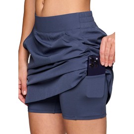 RBX Active Longer Length Skort for Women, Quick Drying Woven Pickleball Golf Skort with Pockets for Tennis, Hiking, Running Smoke Blue XL
