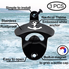 Luwanburg Nautical Magnetic Bottle Opener Wall Mounted Anchor Beer Cap Opener Post Mounted Black with White (Pack of 3)