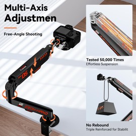 JINRAIKO Overhead Camera Mount with 360° Adjustable Arm & Phone Holder for TikTok Live Streaming Photography Studio Content Creation, Desk Mount for for DSLR Camera/Webcam/Microphone, Black