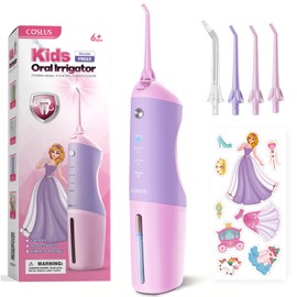 COSLUS Kids Water Flosser Deep Cleaning Picks, Portable, 4 Modes for Ages 6+ Safe Waterproof Flosser Rechargeable with 4 Jet Tips for Gums Care F5022 Pink Purple