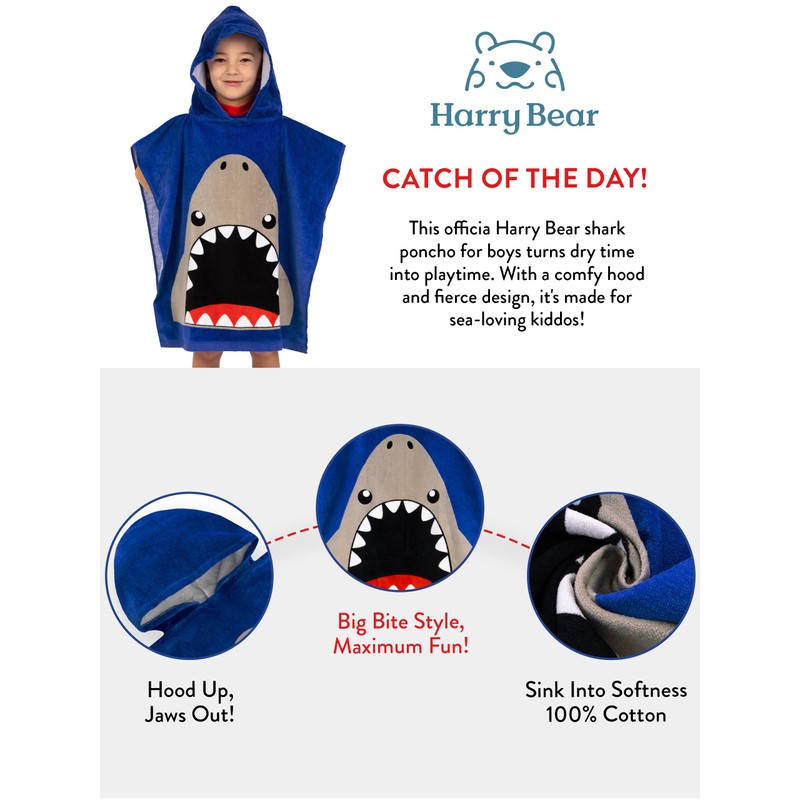 Harry Bear Badeponcho Jungen, Hai Kapuzenhandtuch Badeponcho Kinder, Baumwolle Poncho