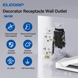 ELEGRP Decorator Wall Receptacle Outlets with Outdoor Cover, TR Tamper Resistant & WR Weather Resistant Outlet, 20A 125V Electrical Outlets, Self-grounding, UL Listed, Glossy White, 1 Pack