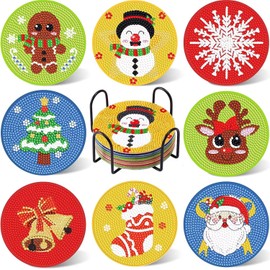FOWSEEK 8 Pcs Christmas Diamond Painting Art Coasters, DIY Diamond Art Coasters Kit with Holder for Adults Beginners,Christmas Style Drinks for Diamond Crafts Kit for Drinks