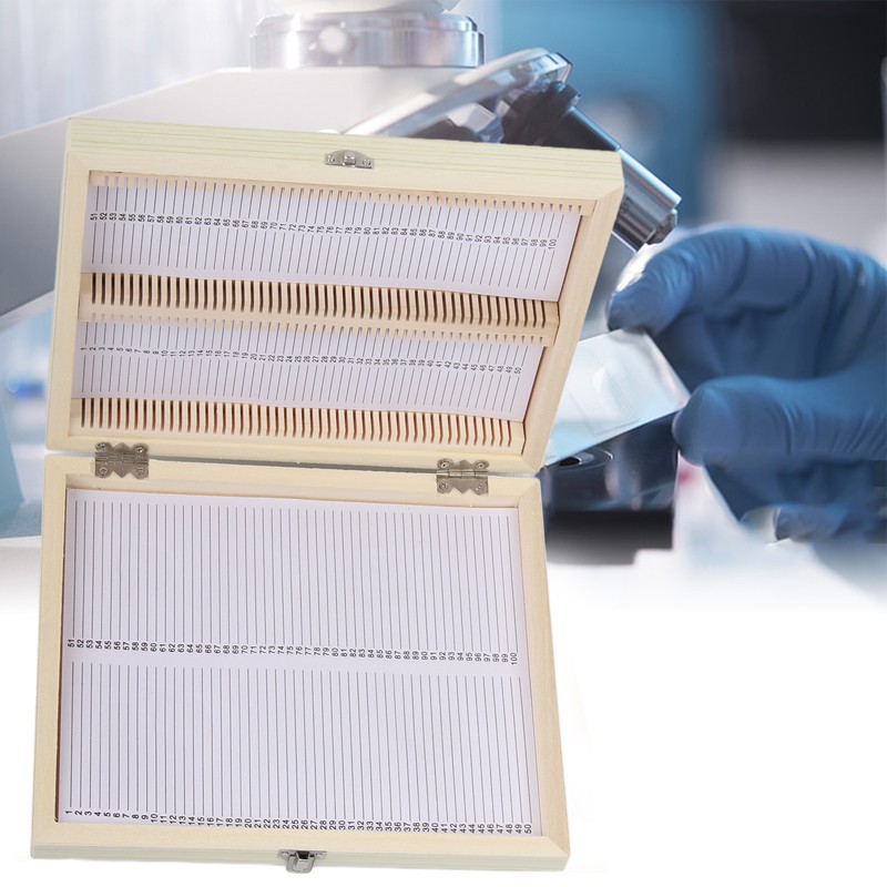 100PCS Biology Glass Prepared Microscope Slides Specimens Wooden Slide Storage