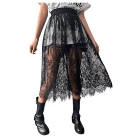 BEAUDRM Women's Floral Lace Sheer Skirt High Waisted A Line Midi Skirts Beach Cover-ups Mesh Streetwear Y2K Skirts Black XX-Large