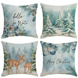 Ni-JASW Teal Christmas Throw Pillow Covers 18x18 inch, Forest Deer Xmas Cushion Case for Sofa Couch Set of 4