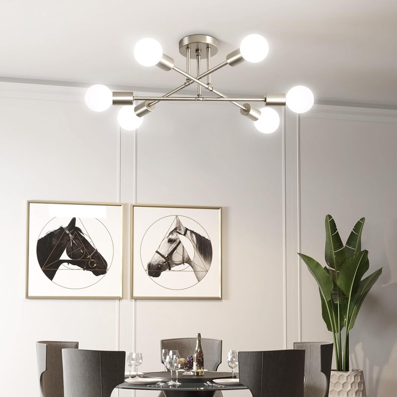 Nickle Modern Sputnik Chandelier Ceiling Light Fixture,6-Light Dining Room Light