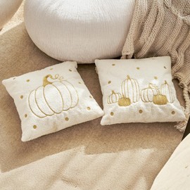 DN DECONATION Set of 2 Cushion Covers, Pumpkin, Autumn Decoration, 45 x 45 cm, Beige and Gold Cushion Covers, Teddy Pile Cushion Cover, Autumn Cushion, Sofa Cushion Cover for Living Room, Bedroom, Bed