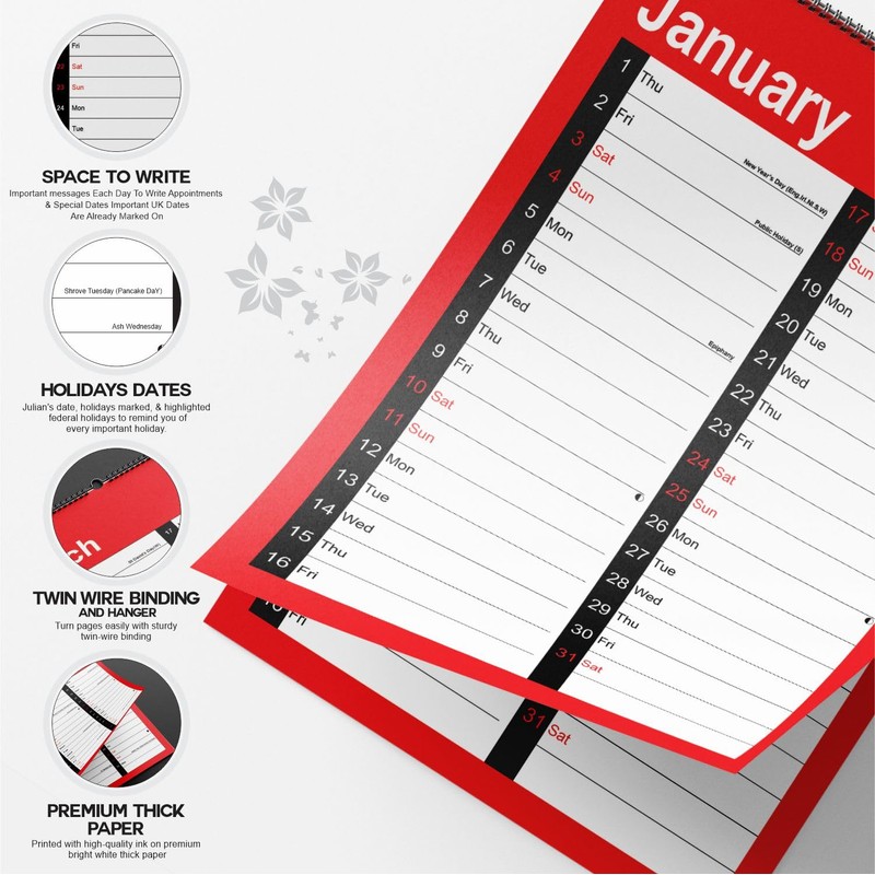 2026 Wall Calendar A4 Month to view A4 Red and
