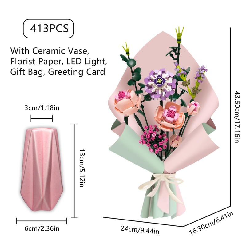 Flower Bouquet Building Set, Artificial Rose Blocks Botanical Toys for