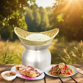 PANWA Large Sticky Rice Cooking Basket Handcrafted Traditional Thai Bamboo Wing Design with 24x24 Inch Cheesecloth Wrap Included