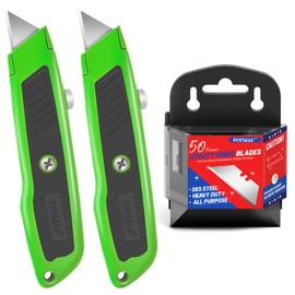 DIYSELF 2 Pack Box Cutter Retractable Set, Retractable Utility Knife with 50 Pack Utility Knife Blades, SK5 Steel Box Cutter Blades, Heavy Duty Utility Knife for Carton, Cardboard and Box (Green)