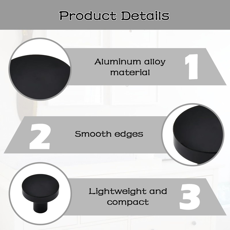 4PCS Black Drawer Knobs Matte Round Flat Black Cupboard Knobs