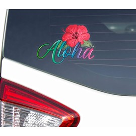Aloha Designs Aloha Hawaii Sticker with Hawaiian Hibiscus Flower and Colorful Letters | Decorate Your Laptop, Car Window, Refrigerator, Office File, Bedroom Mirror, Etc | Aloha Decal (5 x 4 inch)