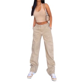 Viatabuna Women's High Waist Straight Leg Y2K Streetwear Cargo Pants Baggy Boyfriend Jeans with Pocket Khaki