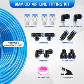QITUO 8mm Air line kit,8mm OD x 52.5 Feet Blue Air Hose Tubing Fittings,15pcs Compressed Air Line Accessory Kit Push to Connect Fittings for Air Line
