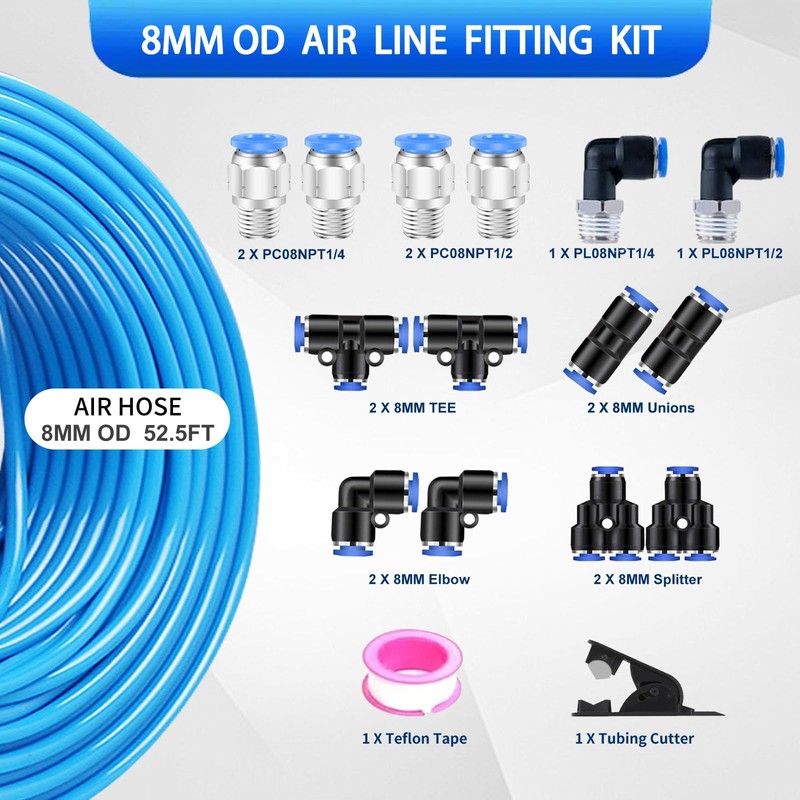 QITUO 8mm Air line kit,8mm OD x 52.5 Feet Blue