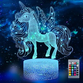 Unicorns 3D Illusion Lamp LED Night Light, USB Powered 16 Colours Flashing Remote Control Switch Bedroom Decoration Lighting Night Light Kids Adults for Boys Girls Birthday, Christmas, Festival Gifts