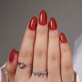 Short Press on Nails Almond Fake Nails Solid Color Nails Press Ons | Acrylic Nails Kit Soft Gel Press On Nails Short with Nail Glue | 16 Sizes - 32 Pcs Nail Kit (Classic Red Glitter, 32 Pcs)