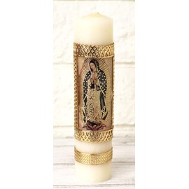 Elegant Our Lady of Guadalupe Holy Pillar Divine Virgen De Guadalupe Vela Cirio Candle Paschal Communion Cirio Pascual 8"×2" Gold-Tone Communion Baptism Batuizo Devotional Favor