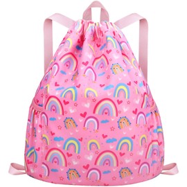 RHCPFOVR Drawstring Backpack for Kids - Rainbow Bags for Girls Mini Gym Dance Beach Swim Travel Bag With Two Water Bottle Holder