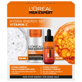 L'Oréal Men Expert Pflegeset gegen müde Haut für Männer, Geschenkset mit Serum und Gesichtscreme 24H Anti-Müdigkeit, Geschenk für Herren mit Vitamin C, Hydra Energy, 1 x 30 ml, 1 x 50 ml