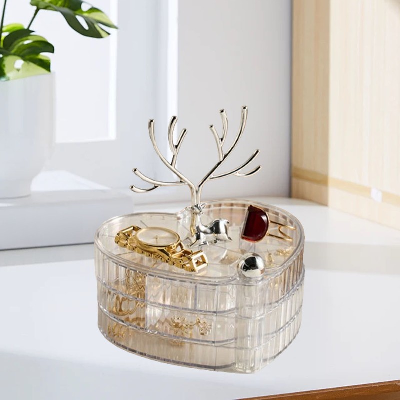 Rotating Jewelry Box with Lid Deer Antler Decoration 3 Layer